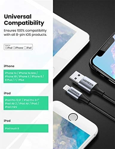 Ugreen Lightning iPhone Örgülü Data ve Şarj Kablosu Siyah 1 Metre