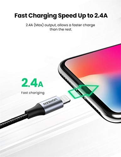 Ugreen, Mfi Lisanslı USB-A & Lightning Örgülü Data ve Şarj Kablosu, 2 Metre, Siyah, ‎60158
