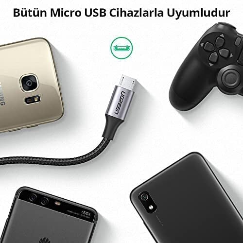 Ugreen Örgülü Micro-USB & USB-A Data ve Şarj Kablosu, 1 Metre, Beyaz