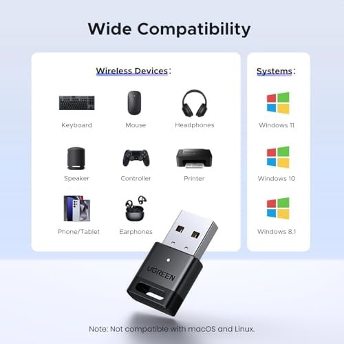 UGREEN PC için Bluetooth 5.4 Adaptörü, Fare, Klavye, Kulaklık, Cep Telefonu için USB Dongle, Windows 11/10/8.1 için Denetleyici Çubuğu