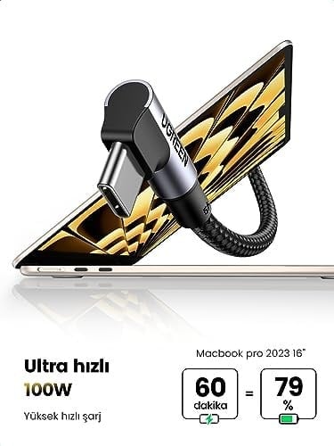 Ugreen Type-C to Type-C 100 W 5A Örgülü 90 Derece Şarj Kablosu 2 Metre