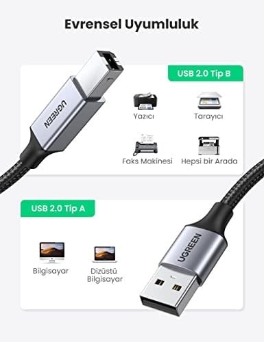 Ugreen USB-A to USB-B 2.0 Örgülü Yazıcı Kablosu 3 Metre