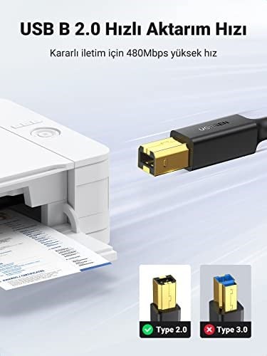 Ugreen USB den USB-B ye Yazıcı Tarayıcı Kablosu, 3 Metre - Seçenekler: 1,5m, 5 metre, 10FT