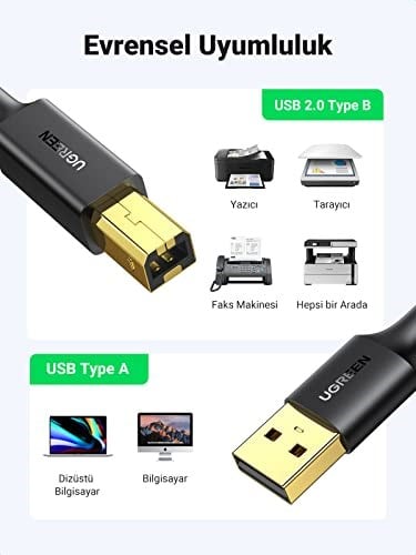 Ugreen USB den USB-B ye Yazıcı Tarayıcı Kablosu, 3 Metre - Seçenekler: 1,5m, 5 metre, 10FT