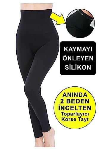 Ultra Yüksel Bel Silikonlu Karın Basen Kalça Ve Toparlayıcı Kaydırmaz Siyah Korse Tayt
