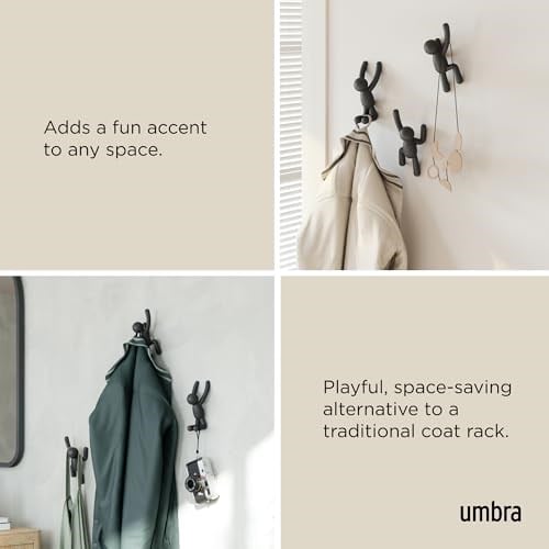 Umbra Buddy Kanca, Ceketler, Şallar, Çantalar, Sırt Çantası, Havlular ve Daha Fazlası İçin Dekoratif Duvar Askısı, 3lü Set, Siyah