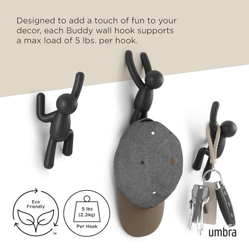 Umbra Buddy Kanca, Ceketler, Şallar, Çantalar, Sırt Çantası, Havlular ve Daha Fazlası İçin Dekoratif Duvar Askısı, 3lü Set, Siyah