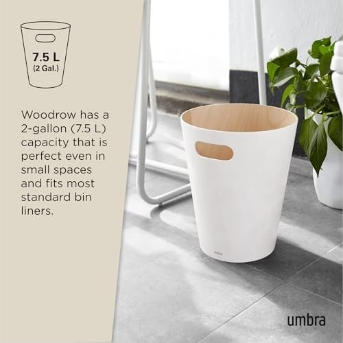 Umbra Woodrow Çok İyi, Özel Kapasitesi Var, Ofis, Banyo, Oturma Odası ve Daha Fazlası İçin, 7,5 L Kapasite, Beyaz/Doğal