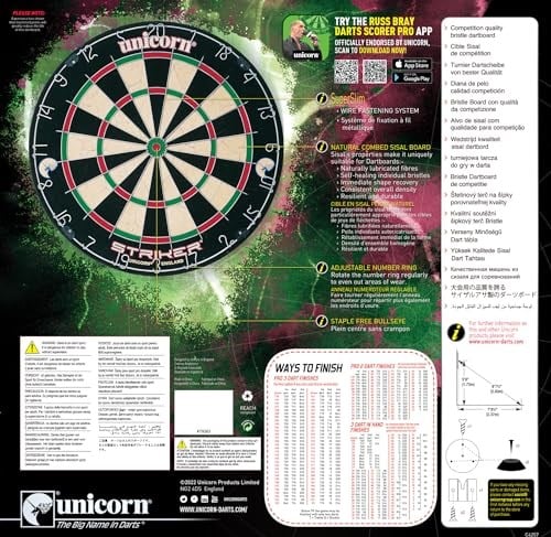 Unicorn Striker, Classic, and Contender Bristle Steel Tip Dartboard Models - Recreational-Quality Bristle Dartboard - Rotatable Metal Number Ring - Slim Wire Fasteners to Reduce Bounce Outs