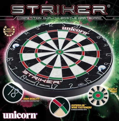Unicorn Striker, Classic, and Contender Bristle Steel Tip Dartboard Models - Recreational-Quality Bristle Dartboard - Rotatable Metal Number Ring - Slim Wire Fasteners to Reduce Bounce Outs