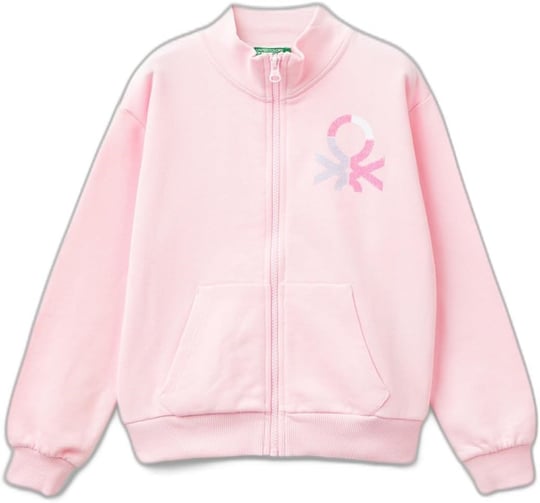 United Colors of Benetton Parıltılı Logo Baskılı Fermuarlı Cepli Yüksek Yaka Sweatshirt Sweatshirt Kız çocuk