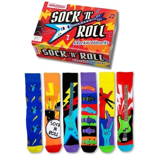 United Oddsocks - Çorap n Roll - 6lı Kutu Renkli Karışık ve Eşleştir Rock and Roll Çorapları Erkekler için, UK 6-11 | EUR 39-46 | US 7-12. Eğlenceli ve İlginç Doğum Günü, Noel, Erkekler için Babalar 