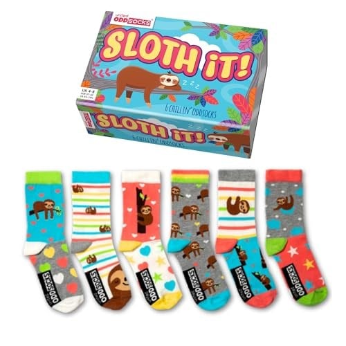 United Oddsocks Sloth It Kadın Hediye Kutusu – Kadınlar için 6 Renkli Tek Çorap – UK 4-8, EUR 37-42, US 6,5-10,5 – Rahatlatıcı Tembel Temalı Çoraplar Karıştırma ve Eşleştirme için – Sevimli, İlginç