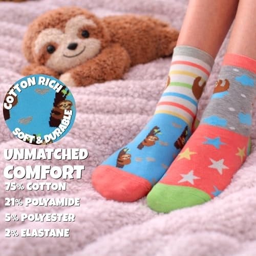 United Oddsocks Sloth It Kadın Hediye Kutusu – Kadınlar için 6 Renkli Tek Çorap – UK 4-8, EUR 37-42, US 6,5-10,5 – Rahatlatıcı Tembel Temalı Çoraplar Karıştırma ve Eşleştirme için – Sevimli, İlginç