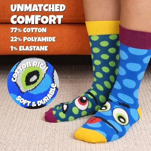 United Oddsocks The Grump Heads Hediye Kutusu – 6 Kaba Karışık ve Eşleşen Tuhaf Çorap Erkekler İçin – UK 6–11, EUR 39–46, US 7–12 – Renkli Canavar Temalı Yenilikçi Çoraplar – Doğum Günü, Noel ve Daha 
