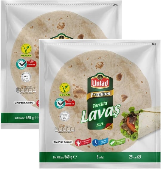 Untad Premium Tortilla Lavaş, Soft, Vegan, Helal, 25 cm, 8 Adet, 560 g, 2 Paket