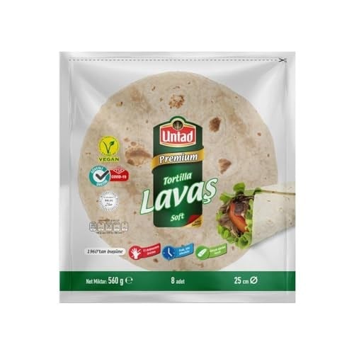 Untad Premium Tortilla Lavaş, Soft, Vegan, Helal, 25 cm, 8 Adet, 560 g, 2 Paket