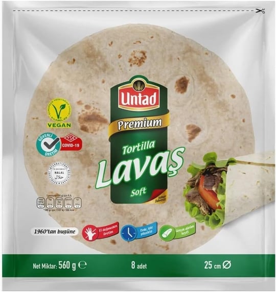 Untad Premium Tortilla Lavaş, Soft, Vegan, Helal, 25 cm, 8 Adet, 560 g, 2 Paket