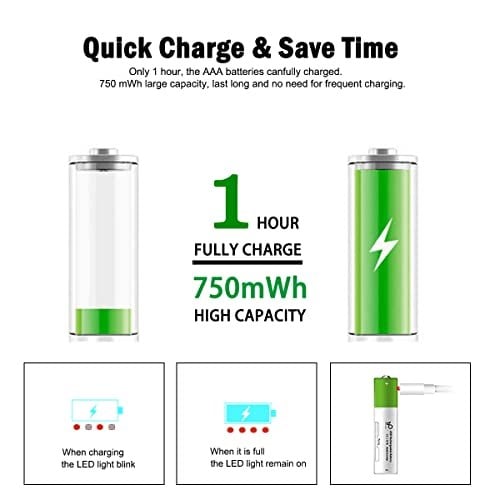 USB AAA Lityum iyon Şarj Edilebilir Pil, 1.5V 750mWh Şarj Edilebilir AAA Pil, 1 H Hızlı Şarj, C Tipi Bağlantı Noktası Kablosu ile 1200 Döngü, Sabit Çıkış, 8li Paket