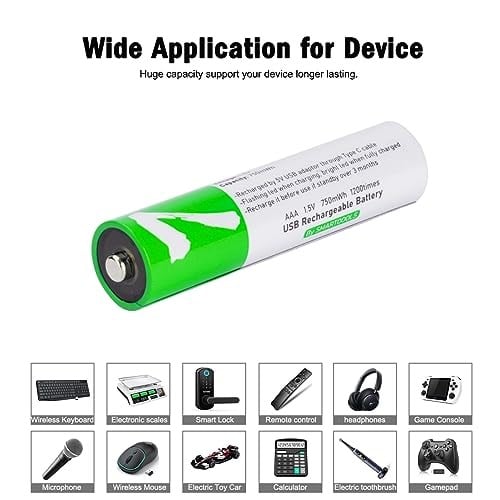 USB AAA Lityum iyon Şarj Edilebilir Pil, 1.5V 750mWh Şarj Edilebilir AAA Pil, 1 H Hızlı Şarj, C Tipi Bağlantı Noktası Kablosu ile 1200 Döngü, Sabit Çıkış, 8li Paket
