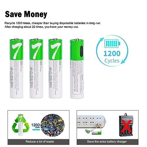 USB AAA Lityum iyon Şarj Edilebilir Pil, 1.5V 750mWh Şarj Edilebilir AAA Pil, 1 H Hızlı Şarj, C Tipi Bağlantı Noktası Kablosu ile 1200 Döngü, Sabit Çıkış, 8li Paket