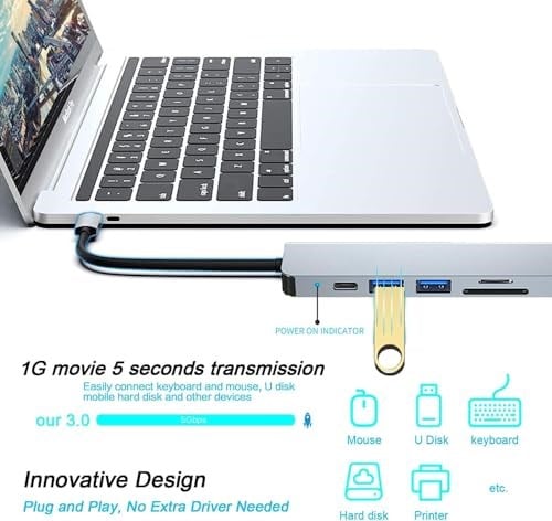 USB C HUB, MacBook Pro ve Hava Aksesuarları için Çoklu Bağlantı Noktalı USB C Adaptörü, 4K HDMI, USB 3.0, SD/TF Kart Okuyucu, 100W PD Dizüstü Bilgisayar ve Diğer C Tipi Cihazlar için Uyumlu