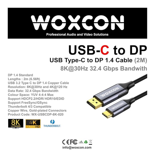 USB-C to Display Port Cable, DP1.4, USB 3.2 Standart, 8K 30Hz, 4K 120Hz Desteği, Thunderbolt 4, Thunderbolt 3, 2 Metre, En Yeni Model