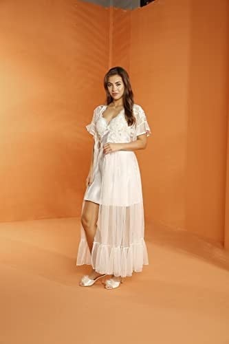 USL Saten Uzun Gecelik, Dantel İşlemeli Uzun Sabahlık Tül, Babydoll, Şort ve Pijama 6 parça Set Kadın, Barina 8699