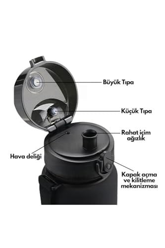 Uzspace 1000ml Büyük Boy Soft Touch Çift Renk Motivasyon Tritan Su Matarası (Siyah-Beyaz)