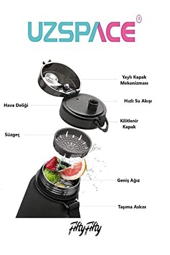 Uzspace 800ml -Yeni Ebat-Boy 25 cm-Tritan Su Matarası Bpa Koku Sızdırma Yok (FF SİYAH)