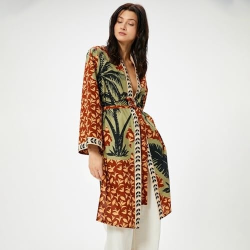 Uzun Kimono Beli Kuşaklı Desenli