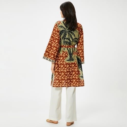 Uzun Kimono Beli Kuşaklı Desenli