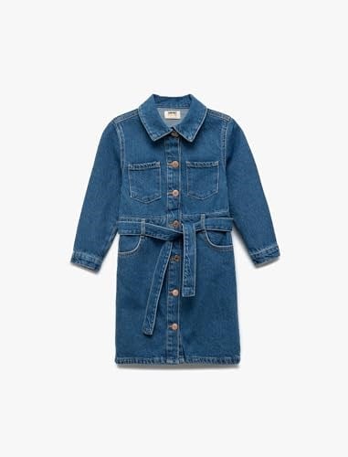 Uzun Kollu Pamuklu Kuşak Detaylı Cepli Düğmeli Gömlek Yaka Denim Elbise
