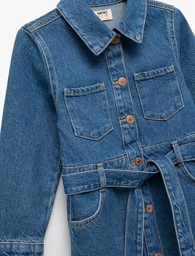 Uzun Kollu Pamuklu Kuşak Detaylı Cepli Düğmeli Gömlek Yaka Denim Elbise