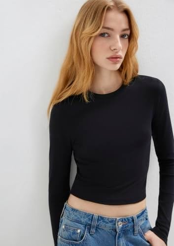 Uzun Kollu Siyah Crop Basic Tişört Crop/Kısa Kesim 1612822-900