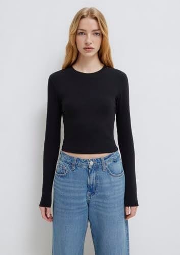 Uzun Kollu Siyah Crop Basic Tişört Crop/Kısa Kesim 1612822-900