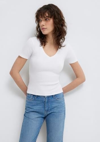 V Yaka Beyaz Basic Tişört Fitted/Vücuda Oturan Kesim 1601040-620