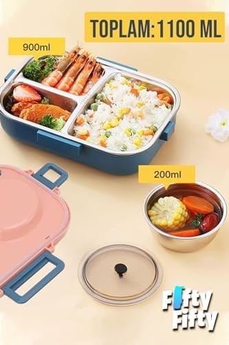Vagonlife 1100 ML Çorba Kaseli-Metal Kaşıklı Paslanmaz Çelik Bento Lunch Box Yeni Nesil Sefer Tası-ffbl70100