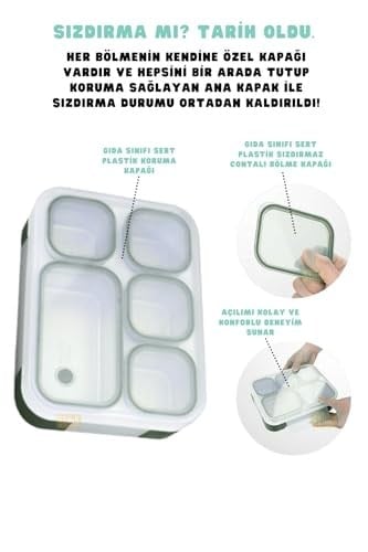 Vagonlife Bento 1000ml Lunchbox Tek Katlı 5 Bölmeli Çelik Sefer Tası Yemek Kutusu (Koyu Yeşil)