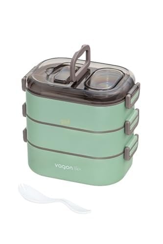 Vagonlife Bento 1450ml Lunchbox Üç Katlı 5 Bölmeli ve Mini Sosluklu Çelik Sefer Tası Yemek Kutusu (Yeşil)