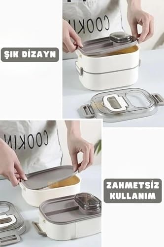 Vagonlife Bento 1450ml Lunchbox Üç Katlı 5 Bölmeli ve Mini Sosluklu Çelik Sefer Tası Yemek Kutusu (Yeşil)