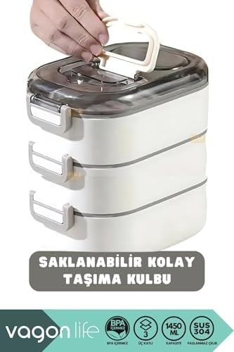 Vagonlife Bento 1450ml Lunchbox Üç Katlı 5 Bölmeli ve Mini Sosluklu Çelik Sefer Tası Yemek Kutusu (Yeşil)