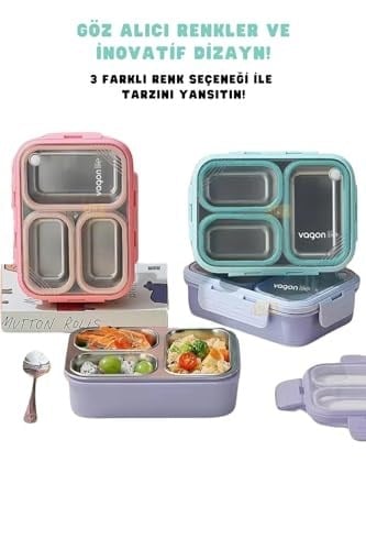 Vagonlife Bento 620ml Lunchbox Tek Katlı 3 Bölmeli Çelik Sefer Tası Yemek Kutusu (Turkuaz)