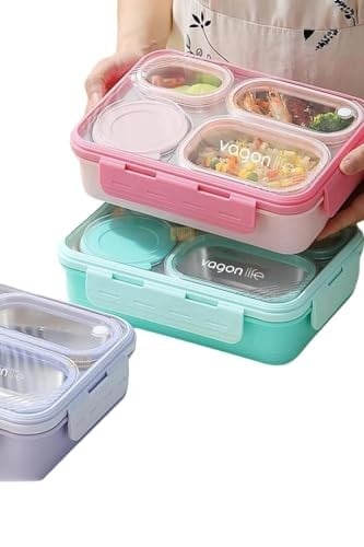 Vagonlife Bento 950ml Lunchbox Tek Katlı 4 Bölmeli Çelik Sefer Tası Yemek Kutusu (Turkuaz)