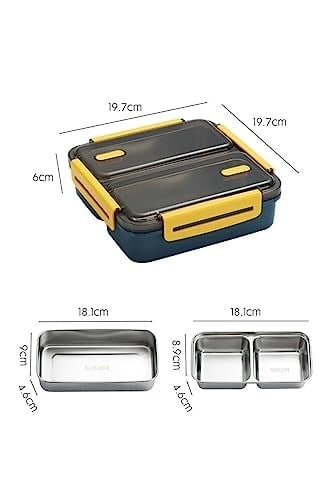 Vagonlife Bento 950ml Lunchbox Tek Katlı 3 Bölmeli Çelik Sefer Tası Yemek Kutusu (Lacivert-Sarı)