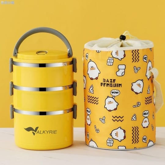 Valkyrie 3 Gözlü Çelik Penguen Desenli Sarı Termal Bento Kutusu Çocuklar İçin Şirin