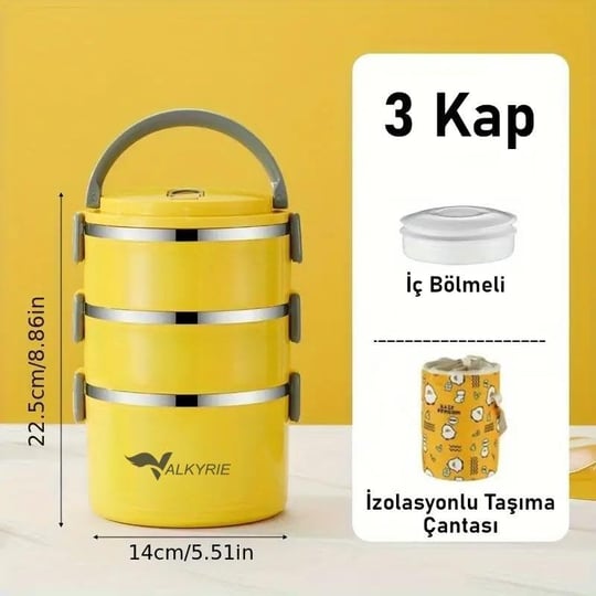 Valkyrie 3 Gözlü Çelik Penguen Desenli Sarı Termal Bento Kutusu Çocuklar İçin Şirin