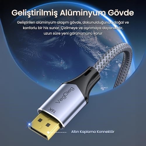 VegGieg Displayport 16K 60Hz 8K 240Hz 4K 240Hz 80 Gbps HDR ARC Örgülü DP 2.1 Kablo 1.5 Metre - Seçenekler: 1.5 Metre, 1 Metre, 2 Metre, 3 Metre