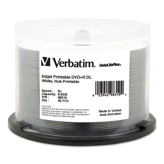 Verbatim DVD+R DL 8.5GB 8X DataLifePlus Beyaz Mürekkep Püskürtmeli Yazdırılabilir, Hub Yazdırılabilir - 50pk Mil - 98319