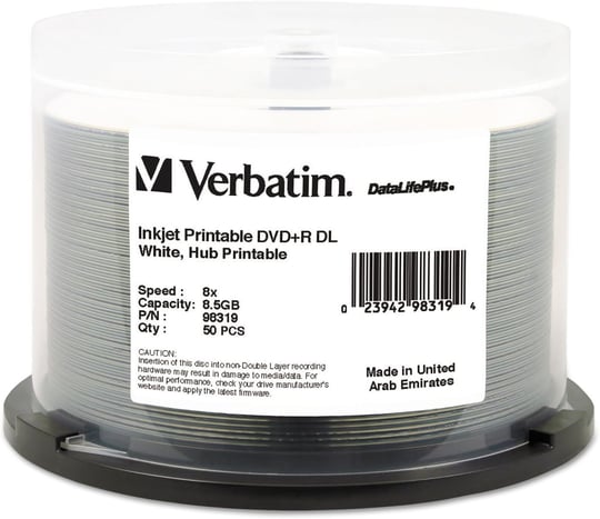 Verbatim DVD+R DL 8.5GB 8X DataLifePlus Beyaz Mürekkep Püskürtmeli Yazdırılabilir, Hub Yazdırılabilir - 50pk Mil - 98319